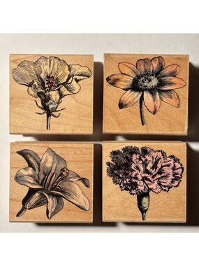 Hero Arts Rubber Stamp Wood Mounted Blossoms Floral Flower Garden Set Lot of 4